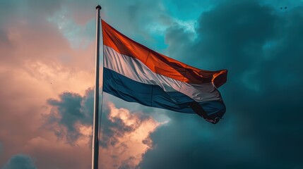 Obraz premium The dutch flag flutters proudly in the wind against a dramatic sky