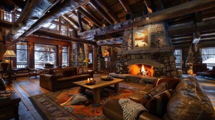 Fototapeta premium A rustic lodge living room with wooden beams, a stone fireplace, and cozy seating, providing a warm and inviting atmosphere.