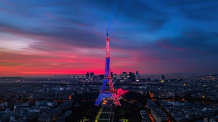 Obraz premium Eiffel tower shining with red and blue lights at sunset, creating a colorful spectacle over the cityscape
