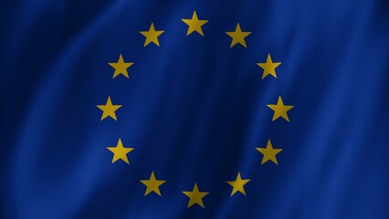 3D rendering of European Union flag used as symbol of representative democracy alliance organization. Waving EU blue national flag with yellow stars in center, patriotic concept