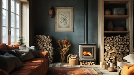 A charming living space with a wood stove and a stack of firewood beside it.
