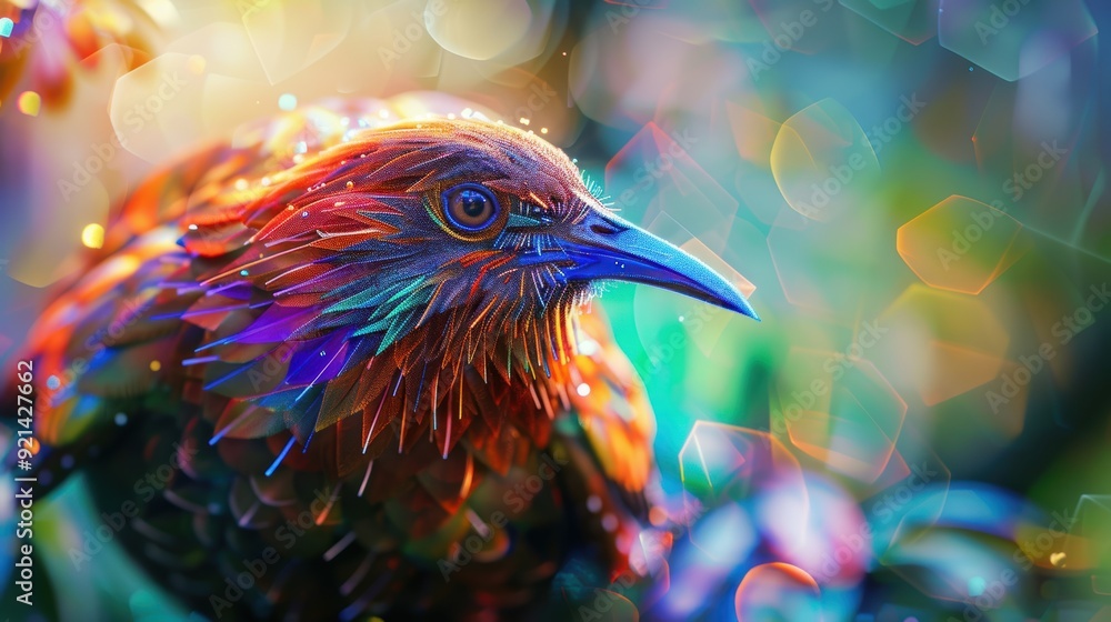 Poster colorful bird with brightly colored feathers is posing in a magical forest with bokeh