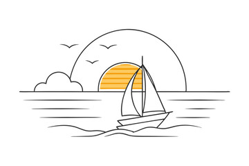 Sunset at Sea with Sailboat on Horizon Line Art Vector Illustration