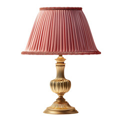 A gold lampshade with a pink fabric shade