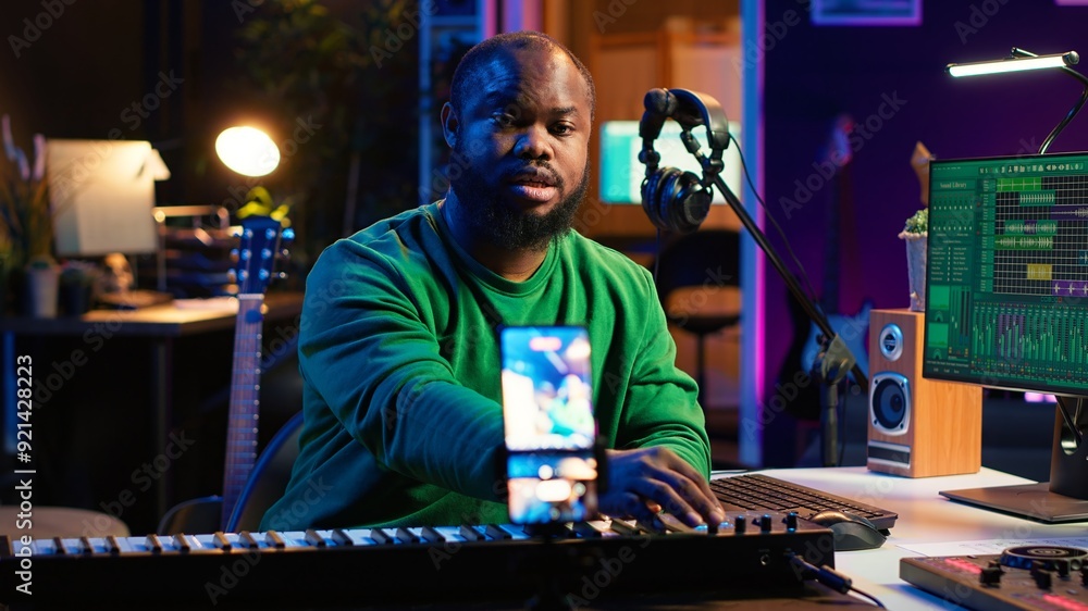 Leinwandbilder artist songwriter hosting online master class to teach piano lessons on internet vlog, electronic ke