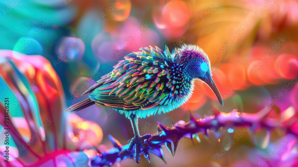 Poster colorful bird with iridescent feathers is sitting on a branch with a colorful bokeh background
