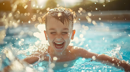 Happy boy playing and splashing in a swimming pool.