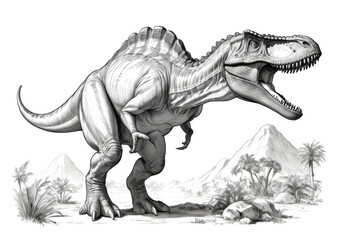 tyrannosaurus in nature, pencil drawing dinosaur figure in profile on white background © aninna