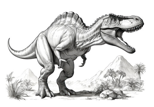 black and white dinosaur roaring in prehistoric setting clip art preview