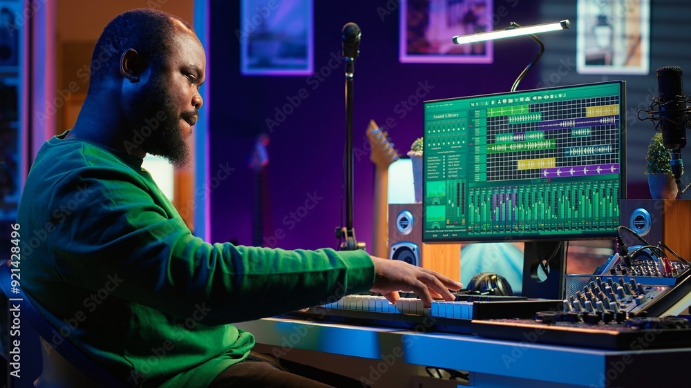 Poster artist playing piano electronic keyboard and recording new sounds, producing new midi controller not