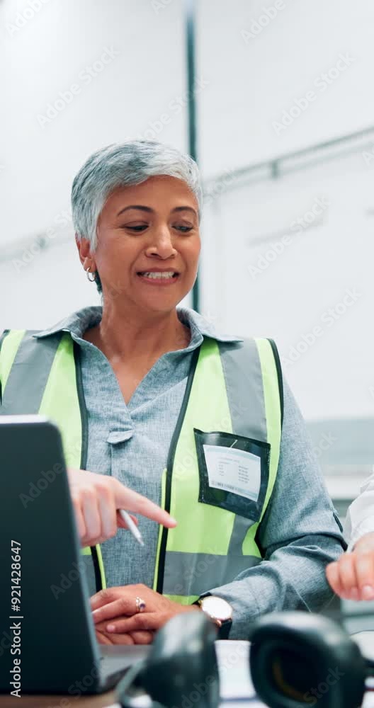 Poster warehouse, meeting and woman with laptop in discussion for engineering project, advice or feedback. 