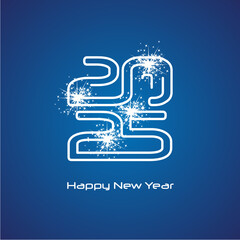2025 Happy New Year compact line design neon white cyberspace 2025 year sparkle firework on blue background