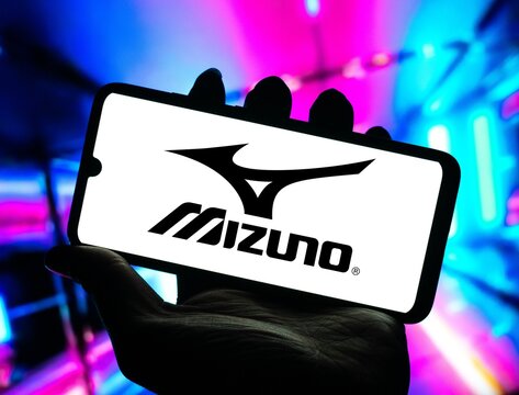 Photo illustration of the Mizuno logo is displayed on a smartphone screen, Umuarama August 15, 2024