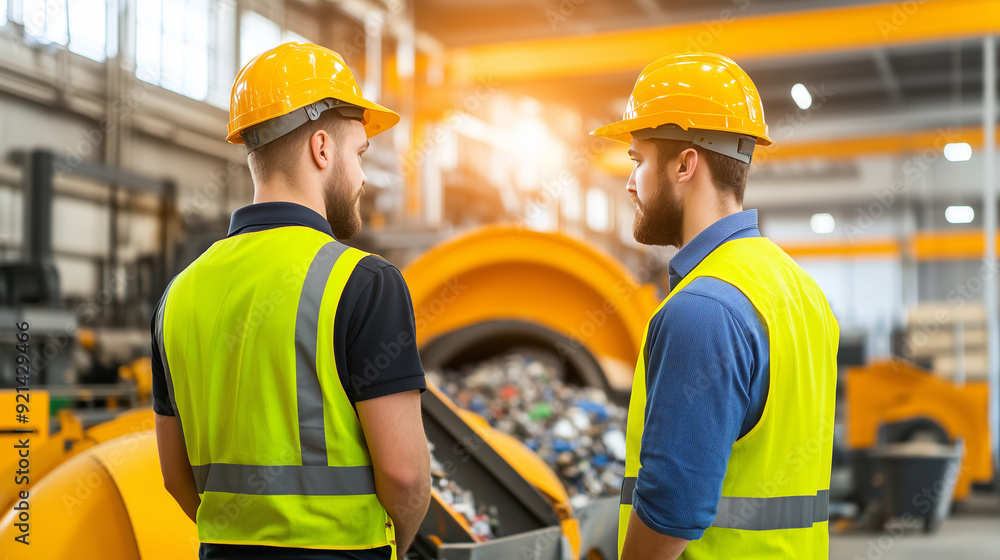 Poster Engineers operating a high-tech recycling plant, showcasing large machines processing and compacting various materials, emphasizing the importance of a circular economy