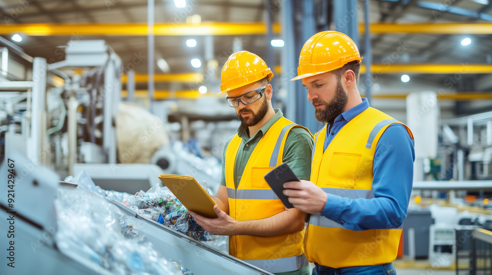 Poster engineers operating a high-tech recycling plant, showcasing large machines processing and compacting