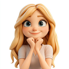 3D cartoon, happy young woman thinking with hands on chin. on white background