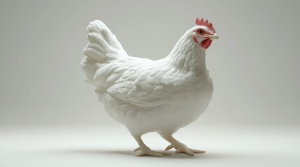 A white hen with red comb and wattle stands on a white background, its plumage is smooth and pristine.