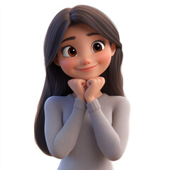 3D cartoon, happy young woman thinking with hands on chin. on white background