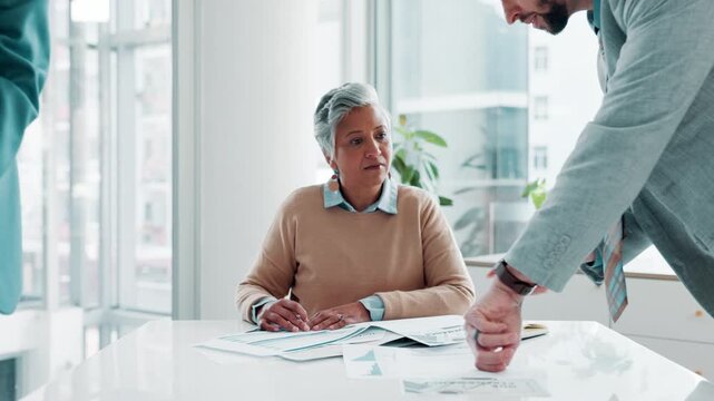 Office, multitasking and woman with timelapse in stress for workload, finance deadline and productivity. Frustrated, mature trader and burnout with chaos for investment, trading or stock market crash