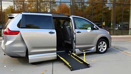 Silver minivan with wheelchair ramp deployed in modern urban setting, autumn