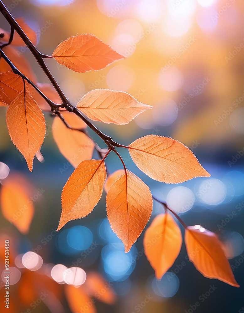 Poster orange leaves on a branch with blurred bokeh background. generative ai