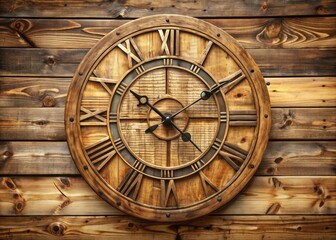 Rustic, vintage-style wooden clock with Roman numerals and intricate carvings on its face, set against a distressed, earthy-toned wooden background.