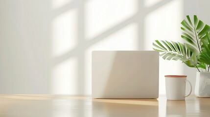 A serene workspace featuring a laptop, coffee mug, and green plant under soft sunlight, perfect for productivity and creativity.
