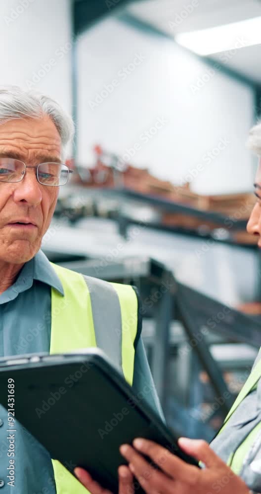 Poster mature, people and conversation with tablet in factory for design review, inspection results and com