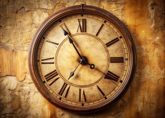 A close-up shot of an analog clock's worn face, with rustic Roman numerals and aged hands, set against a vintage-inspired beige background.