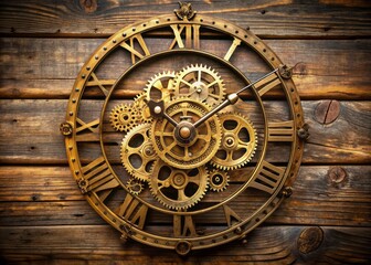 Obraz premium Antique mechanical clock with intricate golden gears and roman numerals on a weathered wooden background, evoking a sense of nostalgia and vintage sophistication.