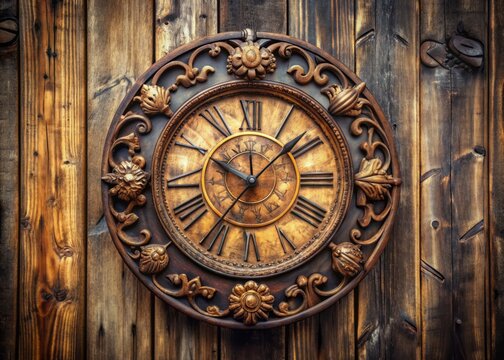 Rustic wooden clock with Roman numerals and ornate carvings, hanging on a distressed wooden wall with a subtle vintage tone and texture.