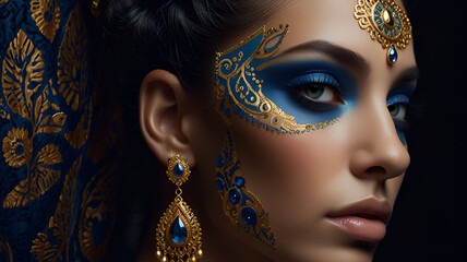 Highly stylized and artistic portrait of a person with striking facial features. The subject has a deep blue skin tone with intricate gold and blue patterns painted on the face