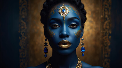 Highly stylized and artistic portrait of a person with striking facial features. The subject has a deep blue skin tone with intricate gold and blue patterns painted on the face