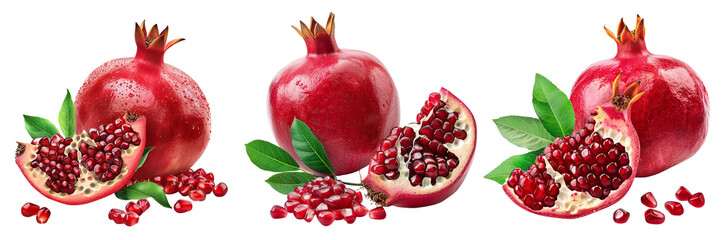 Untitled design - A set of  whole pomegranate fruit and a slice showing its juicy seeds isolated on a transparent background (2)