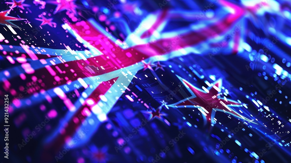 Poster futuristic digitalization concept with new zealand flag and data stream in the background