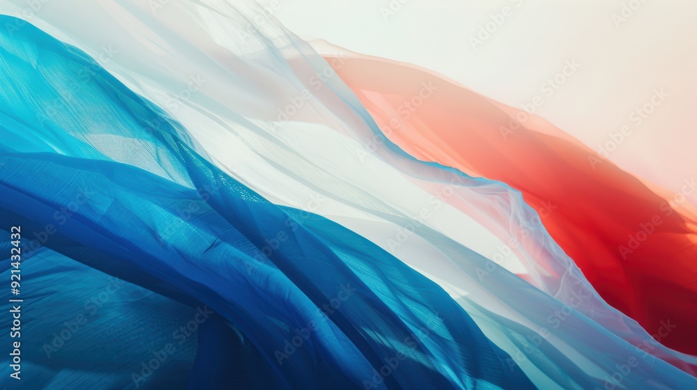 Poster abstract background with flowing red, white and blue fabric creating waves and curves