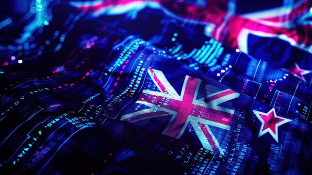 New zealand flag with stock market data superimposed, demonstrating the nation's economic progress - Powered by Adobe