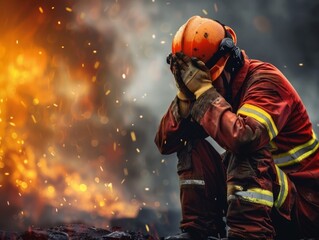 Fototapeta premium A firefighter sits exhausted amidst flames, reflecting the challenges and dangers of battling wildfires, showcasing emotion, strength, and resilience.