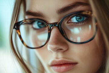 Fototapeta premium Young Caucasian Woman with Long Brown Hair and Black-Framed Eyeglasses Looking Seriously at Camera