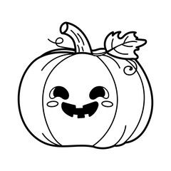 Vector illustration features a cute smiling pumpkin with big eyes and a playful leaf detail. Perfect for colouring books