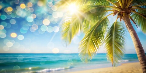 Blurred palm and tropical beach bokeh background with sand, perfect for summer vacation and travel concept, sand, blurred