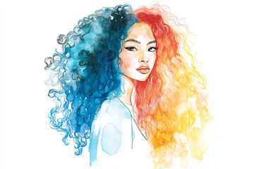 Fototapeta premium Portrait of a woman with multicolored curly hair blue and red, drawn in pencils and watercolor. 