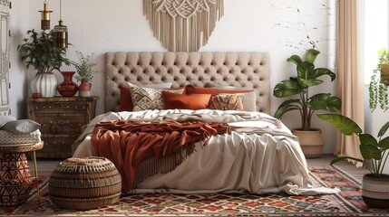 A modern bedroom exuding bohemian charm, featuring a tufted bed, layered textiles in earthy tones, a macrame wall hanging, vintage and modern furniture, a patterned rug, and an array of potted plants