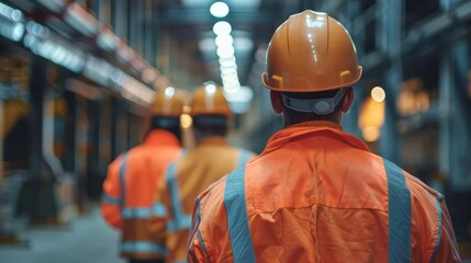 Three construction workers in safety gear walking through a warehouse, showcasing teamwork and industry professionalism.