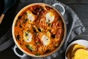 Eggplant Parmigiana Shakshuka in a Large Braising Pan: Vegetarian Italian-Middle Eastern fusion...