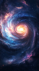 A graphic banner featuring a mesmerizing view of a spiral galaxy with swirling colors of blue, purple, and pink, set against a dark background filled with stars and copy space