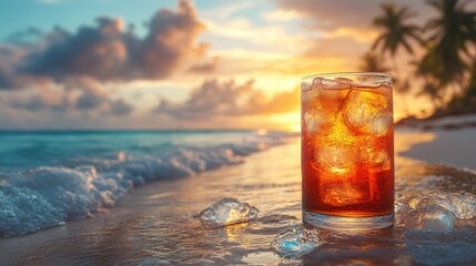 A Glass of Iced Drink on a Tropical Beach at Sunset