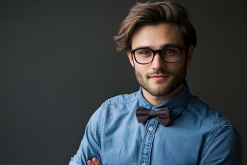 Handsome Man in Glasses and Bow Tie Wearing Denim Shirt Posing