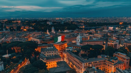 Obraz premium Aerial view of the cityscape of rome at twilight, with the italian flag waving over the buildings