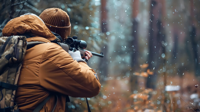 Hunter during hunting in a forest, holding a rifle and aiming at a deer.